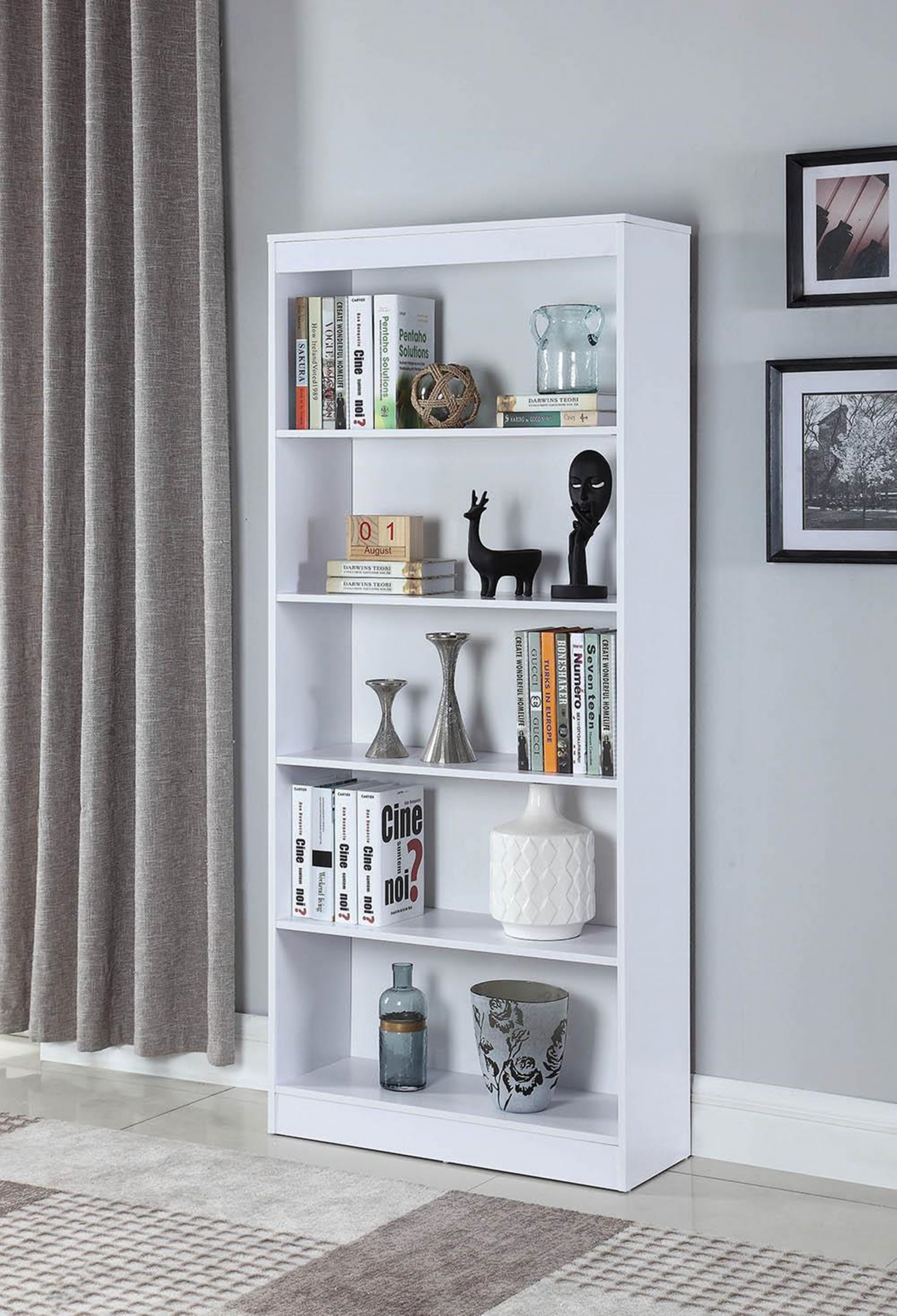 Transitional White Five-Shelf Bookcase