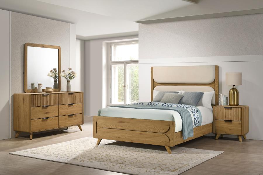 (image for) Bennett Eastern King Upholstered 4-Piece Mid-Century Bedroom Set Light Oak