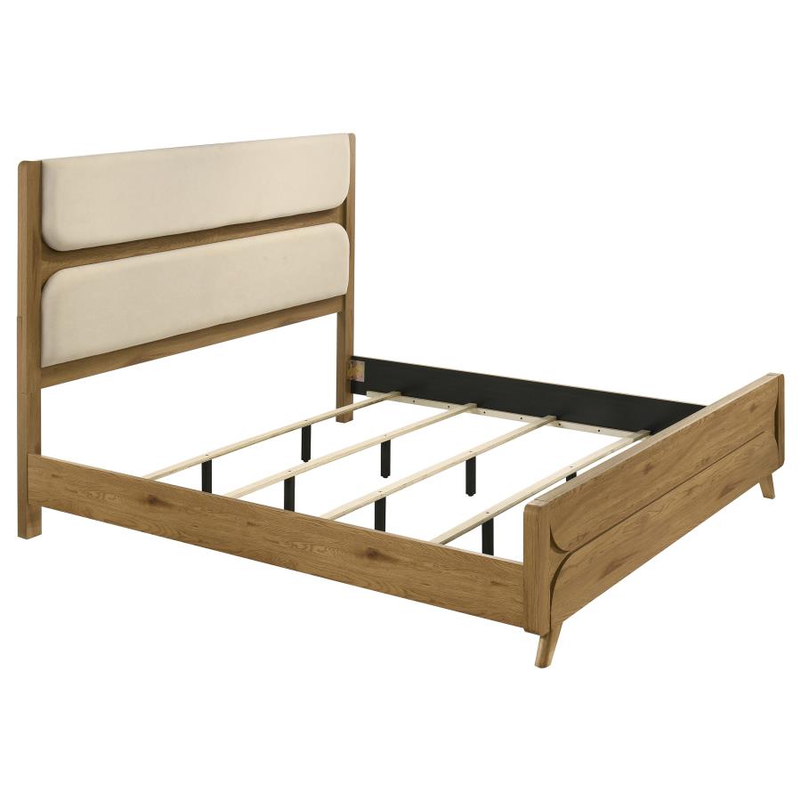 (image for) Bennett Eastern King Mid-Century Fabric Upholstered Panel Bed Light Oak