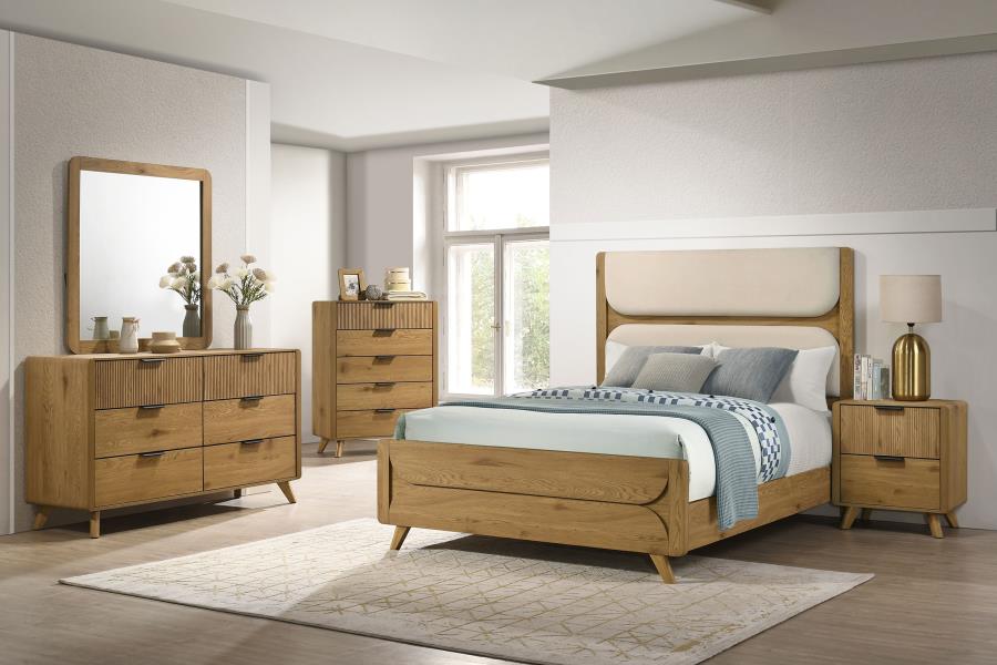 (image for) Bennett Queen Upholstered 5-Piece Mid-Century Bedroom Set Light Oak