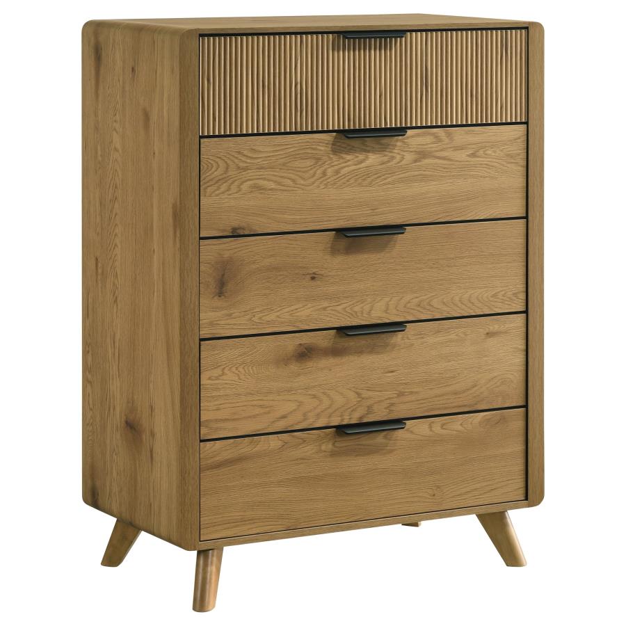 (image for) Bennett Mid-Century 5-Drawer Rubberwood Chest Light Oak