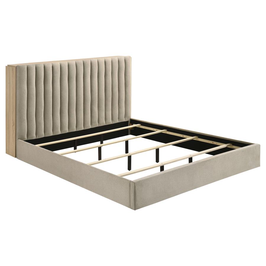 (image for) Arielle Eastern King Upholstered Bookcase Bed Light Tan and Light Oak