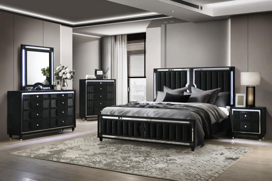 (image for) Ravenne 5-piece Velvet Upholstered Queen LED Bedroom Set Black
