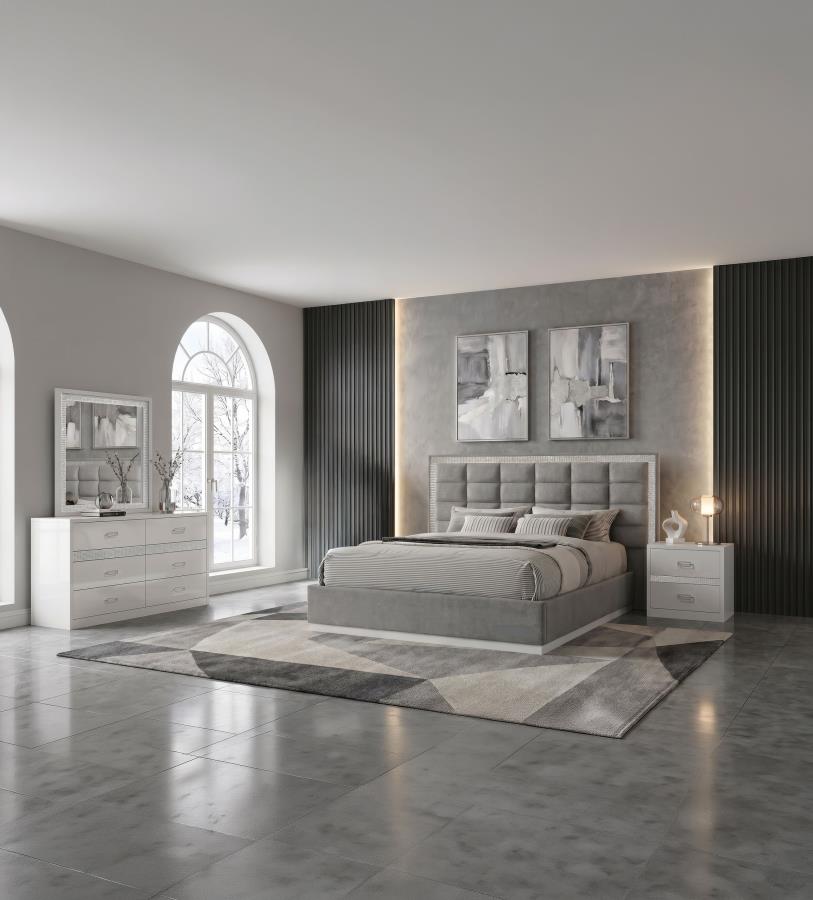 Viana 4-Piece Eastern King Platform Bedroom Set Grey and White High Gloss (image for) Viana 4-Piece Eastern King Platform Bedroom Set Grey and White High Gloss