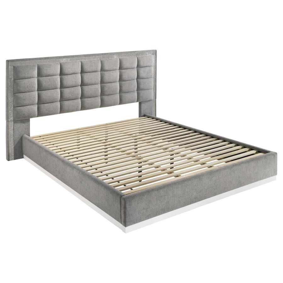 (image for) Viana Eastern King Chenille Platform Bed Grey and White High Gloss
