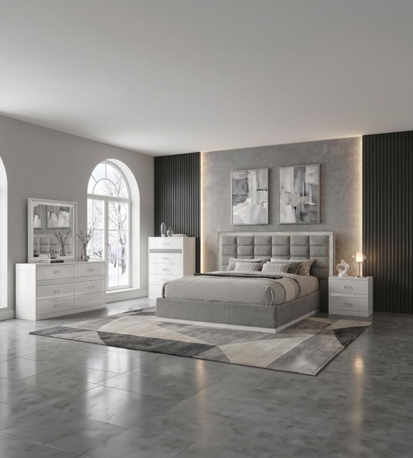 Viana 5-Piece Queen Platform Bedroom Set Grey and White High Gloss (image for) Viana 5-Piece Queen Platform Bedroom Set Grey and White High Gloss