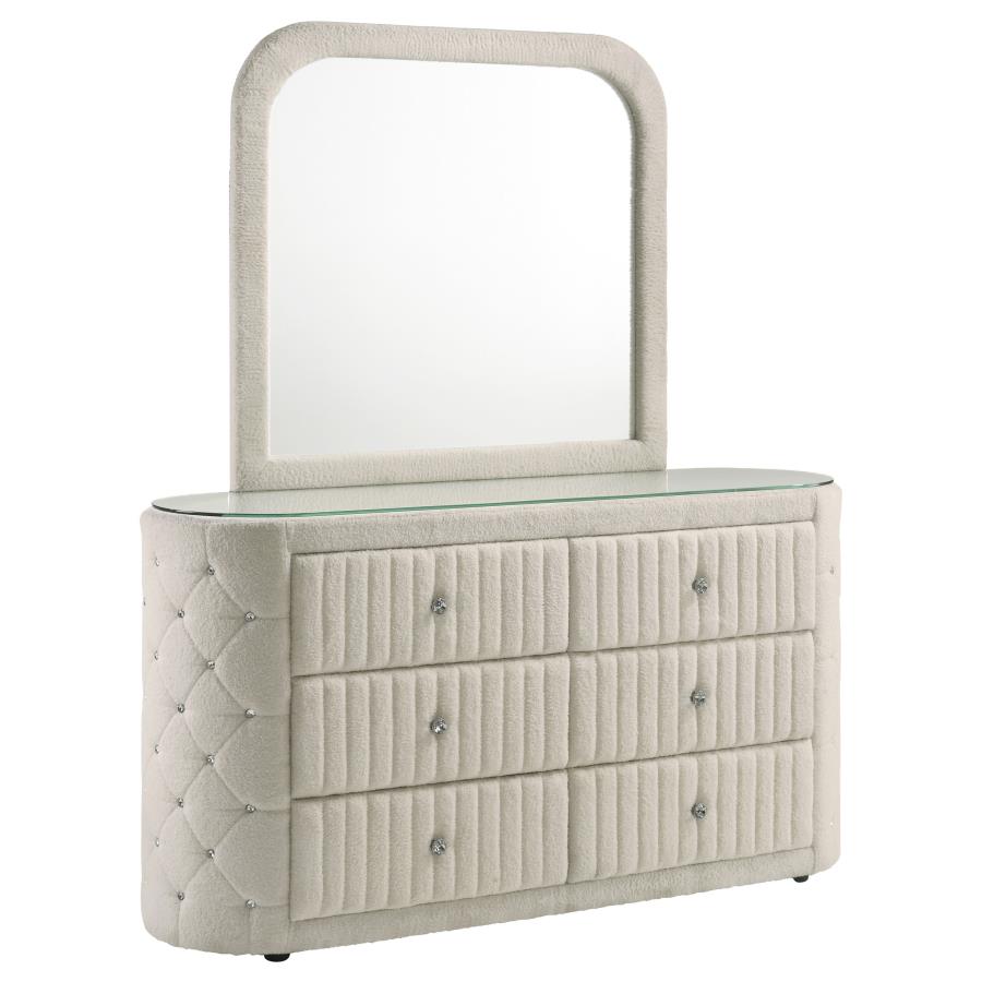 (image for) Sonya 6-drawer Upholstered Bedroom Dresser with Mirror Ivory