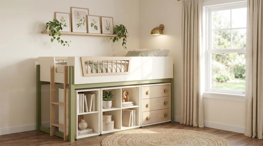 (image for) Evren Twin Storage Loft Bed 4-piece Set with Chest and Bookcases Tri-Tone