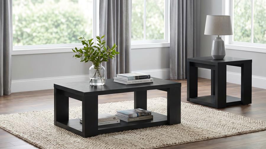 (image for) Pavone 2-Piece Transitional Coffee and End Table Set with Shelves Black
