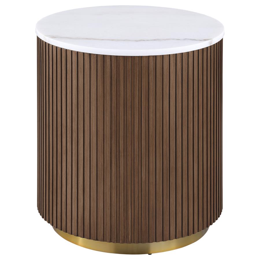 (image for) Jason Round White Marble Top Side End Table Honey Brown